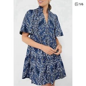 Tuckernuck Montecito Midnights Crawford Dress in the blue patterned print.
